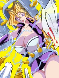 Rule 34 | blonde hair, breasts, cleavage, electricity, electrodes, electrostimulation, highres, jacket, kujaku mai, large breasts, leather, leather jacket, leather skirt, long hair, milkcarton man, panties, purple eyes, purple skirt, restrained, shiny clothes, skirt, thick thighs, thighs, torture, underwear, white panties, yu-gi-oh!, yu-gi-oh! duel monsters