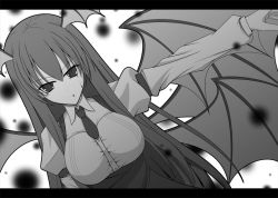 Rule 34 | &gt;:o, 1girl, :o, akino masoho, armband, bat wings, breasts, buttons, collared shirt, commentary request, dutch angle, eyebrows, greyscale, hair between eyes, head wings, high-waist skirt, juliet sleeves, koakuma, large breasts, long hair, long sleeves, looking at viewer, monochrome, multiple wings, necktie, outstretched arm, puffy sleeves, shirt, sidelocks, skirt, solo, taut clothes, taut shirt, touhou, underbust, v-shaped eyebrows, very long hair, wings