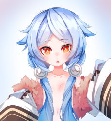 Rule 34 | 1girl, bad id, bad pixiv id, blue hair, blush, collarbone, hair censor, hair flaps, jijey, long hair, looking at viewer, low twintails, navel, neptune (series), next white, orange eyes, parted bangs, shin jigen game neptune vii, sleeves past wrists, solo, topless, triangle mouth, twintails, very long hair