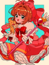 Rule 34 | 1girl, blush, bow, bowtie, brown hair, cardcaptor sakura, dress, gloves, green eyes, highres, holding, holding wand, kero (cardcaptor sakura), kinomoto sakura, looking at viewer, magical girl, open mouth, pink dress, puffy short sleeves, puffy sleeves, red bow, red bowtie, sanamaru (sana79261827), short hair, short sleeves, wand, white gloves, wings