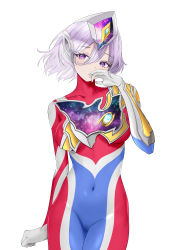 Rule 34 | 1girl, absurdres, blue bodysuit, bodysuit, breasts, chinese commentary, clenched hand, covered navel, floating hair, genderswap, genderswap (mtf), gloves, highres, humanization, looking to the side, medium breasts, multicolored bodysuit, multicolored clothes, purple eyes, purple hair, red bodysuit, short hair, skin tight, ultra series, ultraman decker, ultraman decker (series), white background, white gloves, yi (user jwth4284)