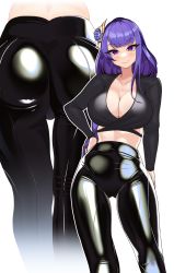 Rule 34 | 1girl, alternate costume, ass, black pants, black shirt, blush, braid, breasts, cleavage, closed mouth, collarbone, crop top, flower, genshin impact, gluteal fold, hair flower, hair ornament, hand on own hip, highres, large breasts, latex pants, long hair, long sleeves, looking at viewer, midriff, mole, mole under eye, multiple views, pants, purple eyes, purple flower, purple hair, raiden shogun, shirt, simple background, single braid, skindentation, smile, tight clothes, tight pants, very long hair, volyz, white background