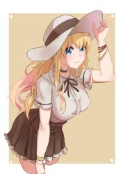 Rule 34 | 1girl, absurdres, bad id, bad pixiv id, blonde hair, blue eyes, blush, breasts, casual, elach, elf, hat, highres, large breasts, long hair, looking at viewer, pointy ears, short sleeves, skirt, smile, solo