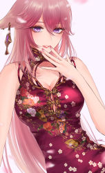 Rule 34 | 1girl, animal ears, bad id, bad pixiv id, breasts, china dress, chinese clothes, cleavage, dress, dutch angle, earrings, eyelashes, filha, floral print, fox ears, genshin impact, hair between eyes, hand to own mouth, highres, jewelry, large breasts, long hair, looking at viewer, nail polish, parted lips, pink hair, pink nails, purple dress, purple eyes, signature, sleeveless, sleeveless dress, smile, solo, upper body, vision (genshin impact), yae miko