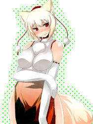 Rule 34 | 1girl, alternate costume, animal ears, bare shoulders, breasts, china dress, chinese clothes, dress, elbow gloves, female focus, gloves, hat, inubashiri momiji, large breasts, red eyes, shinobe, short hair, sleeveless, solo, tail, tokin hat, touhou, white gloves, white hair, wolf ears, wolf tail