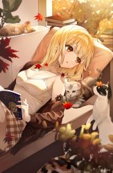 Rule 34 | 1girl, :o, animal, bare shoulders, blonde hair, blush, book, breasts, brown skirt, camisole, cat, cleavage, collarbone, couch, highres, indoors, long hair, looking at another, lying, medium breasts, nanna (heyj2888), on back, original, parted lips, pillow, plaid, plaid skirt, red eyes, skirt, solo, spaghetti strap, white camisole