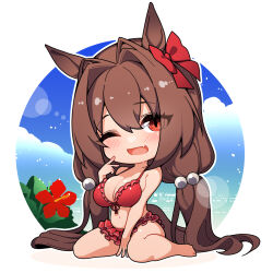Rule 34 | 1girl, animal ears, bare shoulders, barefoot, bikini, bikini skirt, blue sky, breasts, brown eyes, brown hair, chibi, cloud, commentary, daiwa scarlet (trifle vacation) (umamusume), daiwa scarlet (umamusume), day, fang, flower, frilled bikini, frills, front-tie bikini top, front-tie top, hair between eyes, hair bobbles, hair intakes, hair ornament, hair ribbon, hibiscus, highres, horse ears, horse girl, horse tail, large breasts, lens flare, long hair, looking at viewer, low twintails, navel, ocean, one eye closed, open mouth, outdoors, red bikini, red flower, red ribbon, ribbon, round image, sitting, skin fang, skindentation, sky, smile, solo, swimsuit, tail, thighs, twintails, umamusume, very long hair, warashi, wariza, water