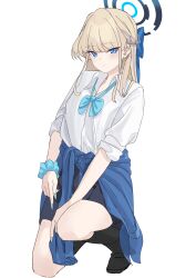 Rule 34 | 1girl, absurdres, black footwear, blonde hair, blue archive, blue bow, blue bowtie, blue eyes, blue hair, blue halo, blue jacket, blue nails, blue scrunchie, blue skirt, blunt bangs, blush, boots, bow, bowtie, braid, clothes around waist, collared shirt, commentary, expressionless, fake nails, french braid, full body, hair bow, halo, highres, jacket, jacket around waist, knee boots, kneeling, long hair, long sleeves, looking at viewer, loose bowtie, mechanical halo, multicolored hair, nail polish, on one knee, open collar, raised eyebrows, school uniform, scrunchie, shirt, sidelocks, simple background, skirt, sleeves rolled up, solo, streaked hair, tnr (horiko1525), toki (blue archive), white background, white shirt, wrist scrunchie