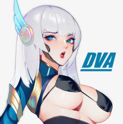 Rule 34 | 1girl, adapted costume, alternate hair color, alternate hairstyle, aqua eyes, bikini, bikini top only, black bikini, blue bodysuit, bodysuit, breasts, celestial d.va, character name, d.va (overwatch), eyelashes, eyeshadow, glitter, headpiece, highres, iridescent, large breasts, lipstick, looking at another, makeup, medium hair, open mouth, overwatch, overwatch 1, pilot suit, r.keensies, red lips, simple background, skin tight, solo, string bikini, swimsuit, white background, white hair