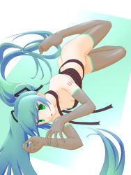 Rule 34 | 1girl, ass, bad id, bad pixiv id, bottomless, breasts, cleavage, elbow gloves, feet, gloves, green eyes, green hair, green nails, hatsune miku, koibumi, long hair, lying, matching hair/eyes, nail polish, open mouth, ribbon, small breasts, solo, tattoo, thighhighs, twintails, very long hair, vocaloid