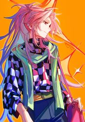 Rule 34 | 1boy, bag, belt, blue pants, checkered clothes, chinese commentary, closed mouth, commentary request, cowboy shot, green scarf, hatsutori hajime, highres, jewelry, long hair, long sleeves, male focus, moyi7239, necklace, official alternate costume, official alternate hairstyle, orange background, pants, parted bangs, pink bag, pink hair, ponytail, red eyes, saibou shinkyoku, scarf, shoulder bag, signature, smile, solo, sweater, turtleneck, turtleneck sweater, yellow belt