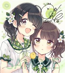 Rule 34 | 2girls, ;d, black hair, blush, bow, brown eyes, brown hair, collared dress, commentary request, dated, dress, flower, green bow, green sailor collar, grey eyes, hair flower, hair ornament, hairclip, hands on another&#039;s shoulders, highres, looking at viewer, multiple girls, one eye closed, open mouth, original, plaid, plaid bow, plaid sailor collar, sailor collar, sailor dress, sakura oriko, sample watermark, short sleeves, signature, sleeveless, sleeveless dress, smile, upper body, watermark, white dress, white flower