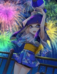 Rule 34 | 1girl, armpits, arms up, blue eyes, blue hair, blue kimono, blue sky, blunt bangs, blunt ends, dutch angle, fang, fireworks, hair ornament, highres, holding, holding weapon, inkling, inkling girl, inkling player character, japanese clothes, kimono, leg up, long hair, looking at viewer, luna blaster (splatoon), mask, night, night sky, nintendo, obi, open mouth, outdoors, paint splatter, railing, sash, short kimono, short sleeves, sky, smile, solo, standing, standing on one leg, star (sky), starry sky, takeko spla, tentacle hair, weapon, wide sleeves