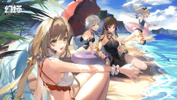 Rule 34 | 4girls, :d, ahoge, arm strap, artist request, bare shoulders, beach, bikini, black bikini, black choker, blonde hair, blue one-piece swimsuit, blue vest, breasts, brown eyes, brown hair, character request, choker, criss-cross halter, day, food in mouth, frilled bikini, frills, grey hair, hair ornament, halterneck, highres, horns, innertube, knee pads, knees up, large breasts, long hair, looking at another, looking at viewer, low twintails, medium breasts, multiple girls, ocean, off shoulder, official art, one-piece swimsuit, open clothes, open mouth, outdoors, popsicle, popsicle in mouth, purple eyes, scrunchie, see-through, shirli (tower of fantasy), short hair, sitting, smile, star (symbol), star hair ornament, string bikini, sunlight, swim ring, swimsuit, thighs, tower of fantasy, twintails, umbrella, very long hair, vest, water, white bikini, wrist scrunchie, yellow eyes