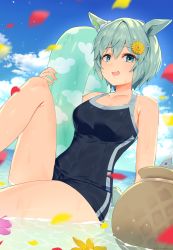 Rule 34 | 1girl, :d, animal ears, aqua eyes, aqua hair, bad id, bad pixiv id, bare legs, bare shoulders, blue one-piece swimsuit, blush, breasts, cleavage, cloud, collarbone, commentary, day, ear covers, flower, hair between eyes, hair flower, hair ornament, highres, holding, holding swim ring, horse ears, horse girl, horse tail, innertube, knee up, looking at viewer, medium breasts, motion blur, ocean, one-piece swimsuit, open mouth, petals, seiun sky (umamusume), short hair, sitting, sky, smile, solo, sunflower, sunflower hair ornament, suusuke, swim ring, swimsuit, tail, thighs, umamusume, water, yellow flower