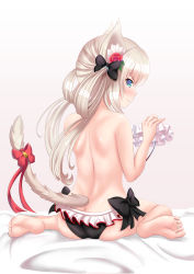 Rule 34 | 1girl, angry, animal ears, ass, azur lane, back, bad id, bad pixiv id, bell, bikini, bikini top only, unworn bikini top, black bikini, black bow, blonde hair, blush, bow, butt crack, cat ears, cat girl, cat tail, commentary request, flower, frown, hair flower, hair ornament, hair rings, hammann (azur lane), highres, holding, holding bikini top, holding clothes, holding swimsuit, long hair, looking at viewer, looking back, red bow, shirokuro (monochrome0226), side-tie bikini bottom, silver hair, solo, swimsuit, tail, tail bell, tail bow, tail ornament, tears, topless, twintails, very long hair