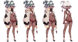 Rule 34 | 1girl, animal ears, bare arms, bare shoulders, bikini, bikini under clothes, breasts, bridal gauntlets, brown eyes, closed mouth, commentary request, covered mouth, curled horns, dark skin, dev (dev0614), ear piercing, feathers, full body, goat ears, goat horns, hair between eyes, highres, hooves, horns, jacket, long sleeves, micro shorts, multiple views, navel, open clothes, open fly, open jacket, open shorts, original, piercing, puffy long sleeves, puffy sleeves, red feathers, red shorts, shorts, simple background, sleeves past fingers, sleeves past wrists, small breasts, standing, swimsuit, transparent background, turtleneck, white background, white bikini, white hair, white jacket