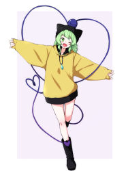 Rule 34 | 1girl, ;d, alternate costume, ankle boots, black footwear, black hat, black skirt, boots, border, casual, commentary request, contemporary, cross-laced footwear, drawstring, eyeball, eyebrows hidden by hair, full body, green eyes, green hair, hat, heart, heart of string, highres, hood, hood down, hoodie, kameyan, komeiji koishi, long sleeves, looking at viewer, medium hair, miniskirt, one eye closed, open mouth, outstretched arms, purple background, sidelocks, skirt, sleeves past wrists, smile, solo, spread arms, standing, standing on one leg, third eye, touhou, white border, wide sleeves, yellow hoodie