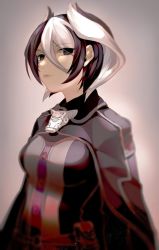 Rule 34 | 1girl, black cape, black eyes, black hair, black jacket, blurry, breasts, cape, closed mouth, collar, eyes visible through hair, grey background, hair between eyes, highres, jacket, lips, looking at viewer, made in abyss, multicolored hair, ozen, short hair, simple background, solo, spiked hair, two-tone hair, upper body, vickyycy99, whistle, white hair