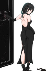 Rule 34 | 1girl, ass, backless dress, backless outfit, bare back, bare shoulders, black dress, black hair, brown eyes, cinder fall, contrapposto, dress, elbow gloves, gloves, high heels, komomo (picturecollapse), long dress, looking at viewer, looking back, low-cut, mask, unworn mask, rwby, short hair, side slit, smirk, solo, standing