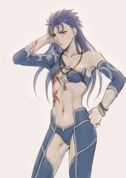 Rule 34 | bare shoulders, blue hair, bracelet, breasts, closed mouth, collarbone, commentary request, cowboy shot, cu chulainn (fate), cu chulainn (fate/stay night), cu chulainn (second ascension) (fate), detached sleeves, earrings, fate/stay night, fate (series), frown, genderswap, genderswap (mtf), grey background, hand on own hip, hand up, highres, jewelry, long hair, looking at viewer, male focus, medium breasts, mondi hl, navel, necklace, official alternate costume, red eyes, simple background, solo, standing, stomach, tattoo