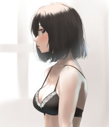 Rule 34 | 1girl, bare shoulders, black bra, black eyes, black hair, blush, bra, breasts, commentary request, commission, from side, haguro (kancolle), highres, kantai collection, looking at viewer, medium breasts, parted lips, pixiv commission, profile, short hair, solo, strap gap, striped, tama (tamago), underwear, upper body, vertical stripes