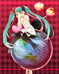 Rule 34 | 1girl, argyle, argyle background, argyle clothes, bracelet, cake, cat, food, globe, green eyes, green hair, hatsune miku, highres, jewelry, long hair, pudding, sitting, skirt, thighhighs, twintails, umigumo yuuna, very long hair, vocaloid, world is mine (vocaloid)