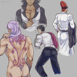Rule 34 | 4boys, ass, back tattoo, bad id, bad pixiv id, beehive hairdo, black hair, daniel j. d&#039;arby, dark-skinned male, dark skin, dress shirt, from behind, giga omega, highres, holding, holding clothes, holding jacket, jacket, jojo no kimyou na bouken, large pectorals, male focus, multiple boys, pants, partially unbuttoned, pectoral cleavage, pectorals, puffy chest, purple hair, red hair, shirt, stardust crusaders, tan, tattoo, terence t. d&#039;arby, tight clothes, tight pants, v-neck, vanilla ice, unworn vest