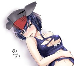 Rule 34 | 1girl, asymmetrical hair, black hair, blush, breasts, brown eyes, collarbone, dated, dutch angle, embarrassed, gradient background, hair between eyes, headgear, headphones, i-13 (kancolle), kantai collection, lips, looking at viewer, lying, navel, one-piece swimsuit, open mouth, school swimsuit, shadow, short hair, signature, small breasts, solo, sweatdrop, swimsuit, tk8d32, torn clothes, torn swimsuit, white background
