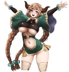 Rule 34 | 1girl, :d, barbariank, braid, breasts, brown hair, carmelina (granblue fantasy), commentary, cowboy shot, detached sleeves, draph, english commentary, granblue fantasy, green eyes, horns, large breasts, long hair, looking at viewer, navel, open mouth, pointy ears, simple background, smile, solo, thighhighs, twin braids, underboob, very long hair, white background, wide sleeves