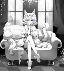 Rule 34 | 1girl, animal ear fluff, animal ears, artist name, bare shoulders, blue eyes, bow, cat, cat ears, cat tail, checkered floor, couch, curtains, dress, fur trim, hair bow, hand up, head rest, heterochromia, highres, indoors, crossed legs, limited palette, original, pillow, shadow, sheya, shoes, short hair, signature, sitting, solo, spot color, tail, tail bow, tail ornament, window, yellow eyes