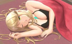 Rule 34 | 1girl, bare shoulders, black shirt, blinking, blonde hair, blush, breasts, casual suit, cleavage, jewelry, large breasts, long hair, looking at viewer, lying, mythra (xenoblade), nemunemu semi, nintendo, shirt, skindentation, solo, swept bangs, xenoblade chronicles (series), xenoblade chronicles 2, yellow eyes