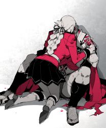Rule 34 | 1boy, 1girl, armor, black skirt, blood, blood on hands, boots, breasts, caligula (fate), cape, covered face, fate/grand order, fate (series), florence nightingale (fate), full body, greco-roman clothes, koshiro itsuki, limited palette, long hair, muscular, partially colored, red cape, roman clothes, sandals, short hair, skirt, spread legs