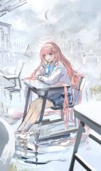 Rule 34 | 1girl, black skirt, blue neckwear, blue ribbon, blunt bangs, chair, cloud, commentary request, crescent moon, day, desk, gawako, halo, hand on own face, highres, long hair, long sleeves, looking at viewer, moon, open mouth, original, outdoors, pink hair, ribbon, school desk, shirt, sitting, skirt, sky, solo, very long hair, water, white shirt