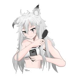 Rule 34 | 1girl, absurdres, animal ears, aodesi-kaien, arknights, bad arm, bad id, bad pixiv id, bandeau, bare arms, bare shoulders, black nails, cellphone, chinese commentary, commentary request, cropped torso, grey eyes, highres, holding, holding phone, lappland (arknights), long hair, midriff, mixed-language commentary, nail polish, phone, silver hair, simple background, smartphone, solo, strapless, tube top, upper body, white background, wolf ears
