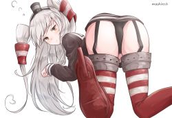 Rule 34 | 10s, 1girl, amatsukaze (kancolle), black dress, black panties, brown eyes, dress, garter straps, hair tubes, kantai collection, lifebuoy, long hair, long sleeves, panties, red thighhighs, sailor dress, silver hair, simple background, solo, striped clothes, striped thighhighs, swim ring, takumin (takumi415), thighhighs, two side up, underwear, white background
