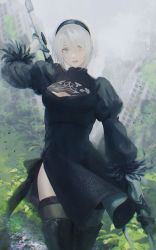 Rule 34 | black dress, black hairband, blue eyes, boots, chromatic aberration, cleavage cutout, clothing cutout, dress, feather-trimmed sleeves, feather trim, forest, hairband, highres, juliet sleeves, katana, long sleeves, mole, mole under mouth, nature, nier (series), nier:automata, no blindfold, puffy sleeves, rei (rei 1424), sword, thighhighs, thighhighs under boots, two-sided dress, two-sided fabric, vambraces, weapon, white hair, 2b (nier:automata)