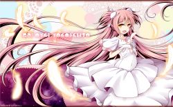 Rule 34 | 1girl, absurdly long hair, bow, choker, commentary request, copyright name, dress, feathers, frilled dress, frills, gloves, hair bow, hands up, hikaru 310, holding, holding feather, kaname madoka, long hair, looking at viewer, madoka runes, mahou shoujo madoka magica, mahou shoujo madoka magica (anime), open mouth, sideways glance, smile, solo, star (sky), two side up, ultimate madoka, very long hair, white bow, white choker, white dress, white gloves, yellow eyes