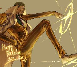 Rule 34 | 1boy, absurdres, black hair, borsalino (kizaru), coat, facial hair, feet up, fighting stance, formal, from side, goatee, happy birthday, highres, male focus, mature male, one piece, outstretched arm, photokinesis, profile, short hair, smile, solo, suit, sunglasses, tsurime, unfinished, wame rkgkaka