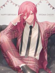 Rule 34 | 1boy, absurdres, black necktie, blue lock, character name, chigiri hyoma, closed mouth, collared shirt, couch, cowboy shot, formal, hand up, happy birthday, highres, jacket, long hair, long sleeves, male focus, necktie, pants, red eyes, red hair, red jacket, red pants, red suit, shirt, sitting, smile, solo, suit, suspenders, umiharuayato, white background, white shirt