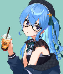 Rule 34 | 1girl, absurdres, aqua background, armpit crease, beret, black hat, blue eyes, blue hair, blue jacket, blush, bow, bowtie, bubble tea, choker, commentary, cup, earrings, glasses, green bow, green bowtie, green ribbon, hair ribbon, hand up, hat, head tilt, highres, holding, holding cup, hololive, hoshimachi suisei, hoshimachi suisei (streetwear), jacket, jewelry, lace, lace choker, lace trim, long hair, looking at viewer, nail polish, off shoulder, official alternate costume, one side up, open mouth, orange nails, ribbon, shirt, sidelocks, sleeveless, sleeveless shirt, solo, tagosaku (tatsukiuma0329), upper body, virtual youtuber