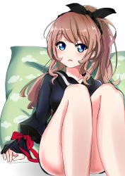 Rule 34 | 1girl, bad id, bad pixiv id, bang dream!, bare legs, black dress, black ribbon, blue eyes, blush, breasts, brown hair, cloud print, commentary, dress, feet out of frame, hair ribbon, highres, knees up, long hair, long sleeves, looking at viewer, medium breasts, open mouth, pillow, ponytail, puffy long sleeves, puffy sleeves, reclining, red ribbon, ribbon, sailor collar, sailor dress, sidelocks, simple background, sleeves past wrists, solo, thth3356, wavy hair, white background, wrist ribbon, yamabuki saya