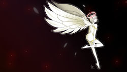 Rule 34 | 1girl, angel, angel wings, ass, breasts, feathered wings, feathers, female focus, from behind, hair between eyes, halo, hand on own leg, highres, kinowdp, leg up, looking at viewer, nasse, nude, platinum end, red eyes, short hair, signature, solo, tiptoes, white hair, wings