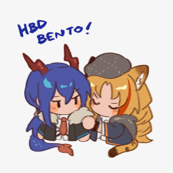 Rule 34 | animal ears, arknights, beret, black headwear, black jacket, blue hair, blush, ch&#039;en (arknights), chibi, closed eyes, dragon girl, dragon horns, dragon tail, drill hair, closed eyes, fishyyuzi, fur-tipped tail, fur-trimmed jacket, fur trim, gift art, happy birthday, hat, horns, jacket, long hair, long sleeves, multicolored hair, necktie, no mouth, official alternate costume, open clothes, open jacket, orange hair, red hair, red necktie, shirt, simple background, streaked hair, swire (arknights), swire (honor and splendor) (arknights), tail, tiger ears, tiger girl, tiger tail, twintails, u u, upper body, white background, white shirt