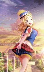 Rule 34 | 1girl, ;d, blonde hair, blue hat, blue shorts, braid, cloud, crown braid, day, gloves, happy party train, hat, head tilt, index finger raised, lens flare, long hair, looking back, love live!, love live! sunshine!!, miniskirt, ohara mari, one eye closed, open mouth, outdoors, peaked cap, pleated skirt, print shirt, red skirt, shirt, short shorts, short sleeves, shorts, shorts under skirt, skirt, sky, smile, solo, stairs, standing, striped clothes, striped shorts, white gloves, white shirt, yellow eyes