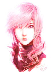 Rule 34 | 1girl, blue eyes, closed mouth, cropped torso, final fantasy, final fantasy xiii, hair between eyes, isshi pyuma, lightning farron, long hair, looking at viewer, pink hair, portrait, simple background, solo, swept bangs, white background