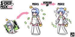 Rule 34 | 1chip msx, 1chip msx-tan, 1girl, arrow (symbol), bare shoulders, blue hair, boots, cape, capelet, clothes writing, computer, dress, elbow gloves, english text, evolution, full body, gloves, hair ornament, hairband, hand on own hip, hip focus, looking at viewer, moe (phrase), msx, msx-tan, msx2, os-tan, personification, progression, second-party source, short dress, short hair, simple background, sleeveless, sleeveless dress, smile, standing, text focus, thigh boots, thighhighs, transformation, white background, white capelet, white dress, white footwear, white gloves, zettai ryouiki