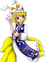 Rule 34 | 1girl, animal ears, blonde hair, closed mouth, dress, fox ears, fox tail, hat, holding, long sleeves, mob cap, multiple tails, official art, shikigami, short hair, solo, tabard, tail, touhou, unfinished dream of all living ghost, white dress, white hat, yakumo ran, yellow eyes, zun (artist)