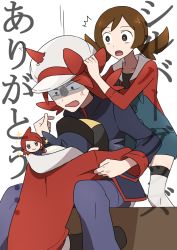 Rule 34 | 1girl, 2boys, :o, anger vein, angry, backwards hat, black coat, blue overalls, blue pants, bow, brown eyes, brown hair, cabbie hat, coat, creatures (company), ethan (pokemon), fang, game freak, hat, hat bow, hood, hoodie, kanade (unchi knd280), long hair, lyra (pokemon), multiple boys, nintendo, overalls, pants, pokemon, pokemon hgss, red bow, red hair, red hoodie, red shirt, shirt, silver (pokemon), sitting, stuffed toy, surprised, thighhighs, twintails, white headwear