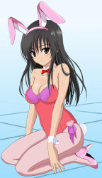 Rule 34 | 1girl, absurdres, animal ears, black hair, blush, bow, bowtie, breasts, detached collar, fake animal ears, female focus, full body, gradient background, high heels, highres, jpeg artifacts, kotegawa yui, leotard, long hair, pantyhose, playboy bunny, rabbit ears, rabbit tail, resize artifacts, sitting, solo, tail, third-party edit, to love-ru, wrist cuffs